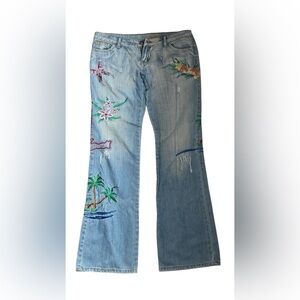 Y2K Honolulu Hawaii Embroidered Light Blue Flare Jeans
